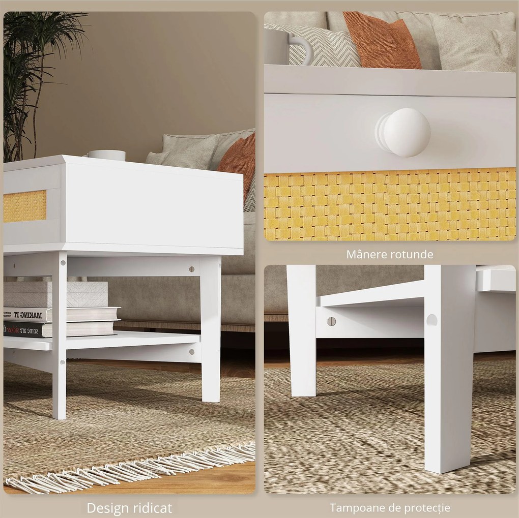 HOMCOM Măsuță de Cafea Dreptunghiulară cu 2 Sertare, Măsuță Boho Joasă din Ratan și Lemn, Dimensiuni 120x50x50 cm, Alb și Lemn Natural | Aosom Romania