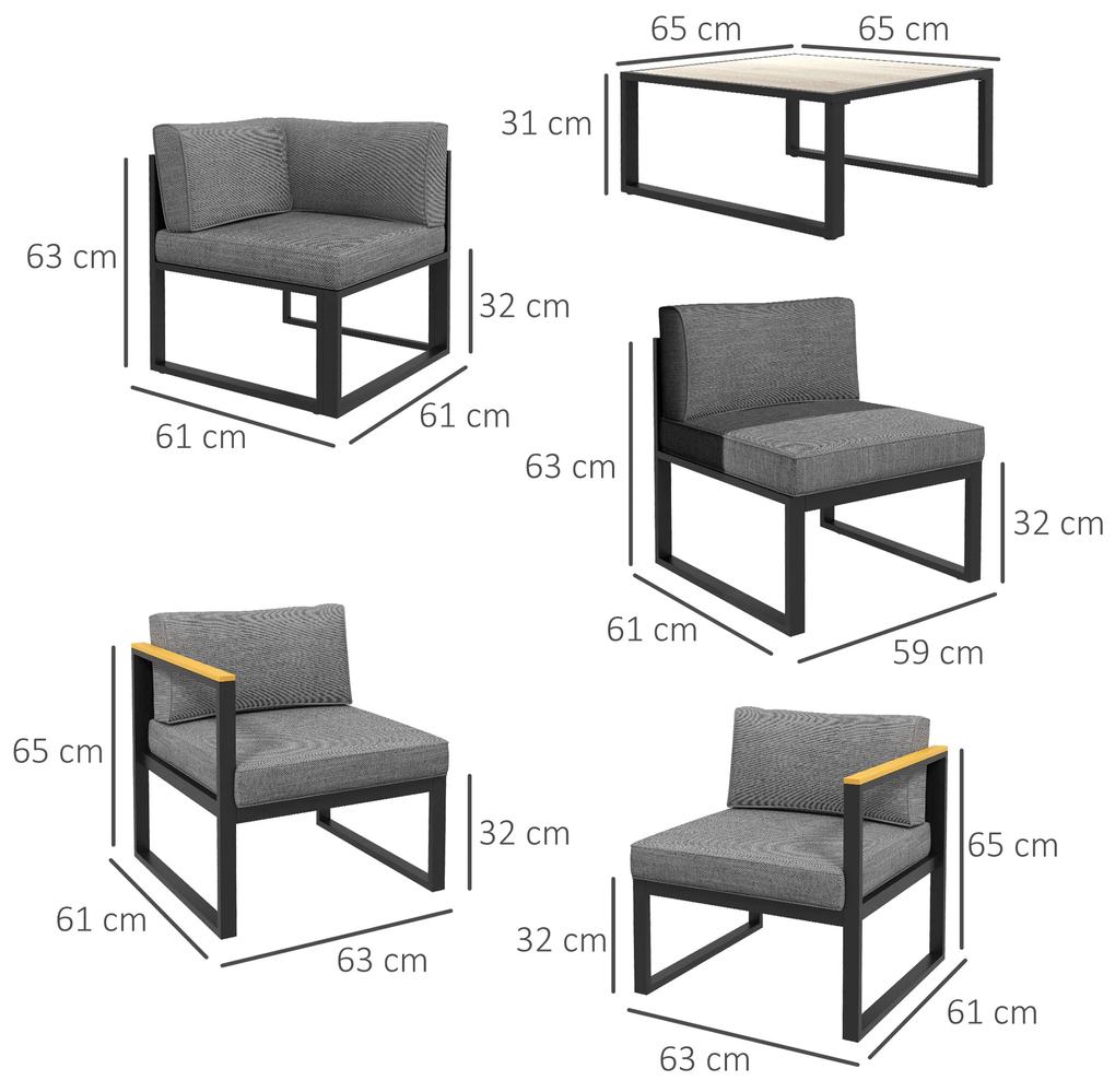 Outsunny Set de mobilier de gradina din 6 piese cu pernute de grosime 10cm, Set de canapea cu cadru din aluminiu pentru exterior cu cotiere