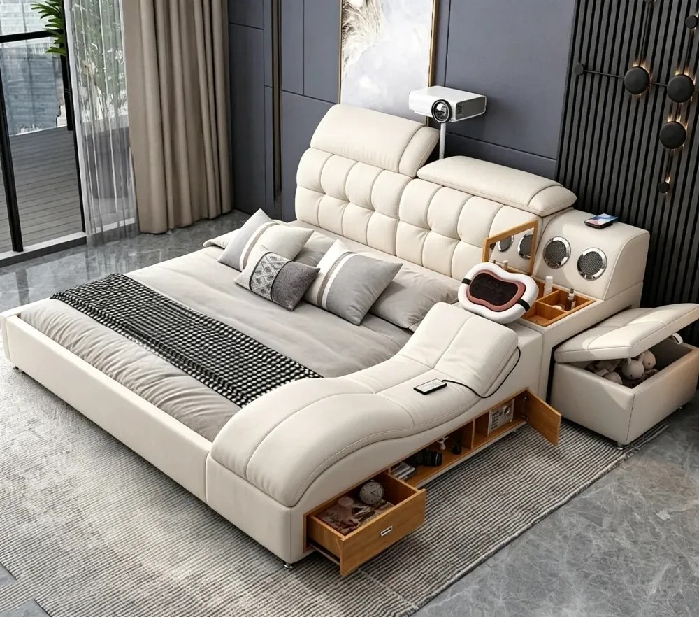 MOBLUX99 Utility 160x200 cm Beige Left Chaise – Pat Inteligent Premium cu Proiector, Vibromasaj, Boxe Bluetooth, Încărcare Wireless și Spații Multiple de Depozitare
