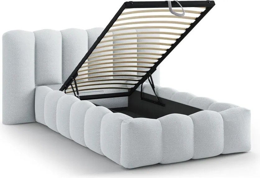 Pat gri deschis tapițat cu spațiu de depozitare cu somieră 90x200 cm Lupine – Micadoni