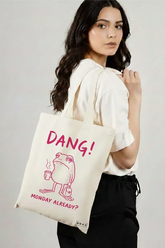 Sacosa de Panza pentru Cumparaturi, Geanta Tote, model Dang monday already? 38 x 34.5 cm, Alba, BEKZ®