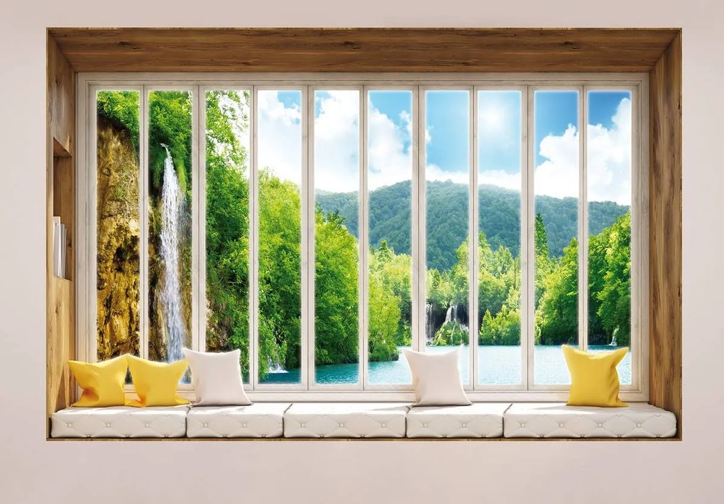Fototapet - Privire spre cascadă - geam (152,5x104 cm)