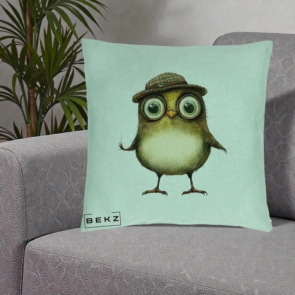 Perna Decorativa Pui Intelectual cu Palarie Tweed, 40x40 cm, Verde Menta, Husa Detasabila, Perna Inclusa, BEKZ®