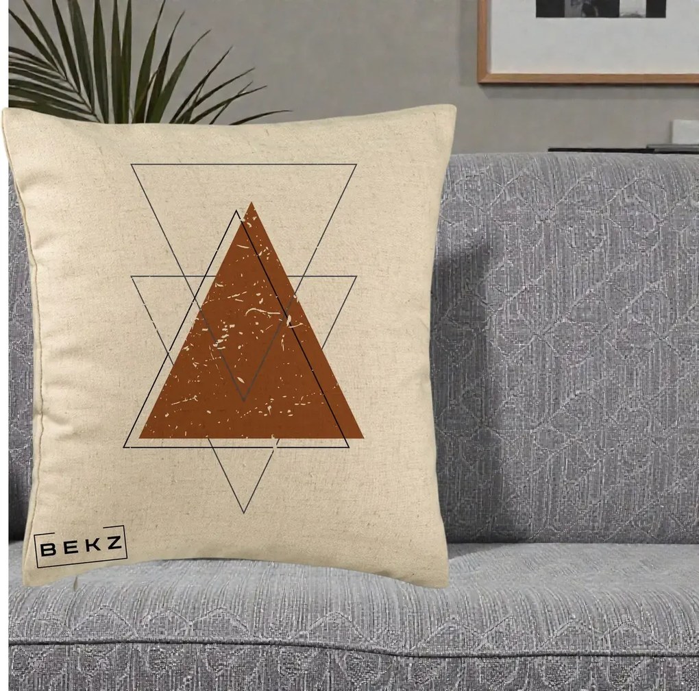 Perna Decorativa Geometric Triunghiuri Sacred, 40x40 cm, Bej, Husa Detasabila, Perna Inclusa, BEKZ®