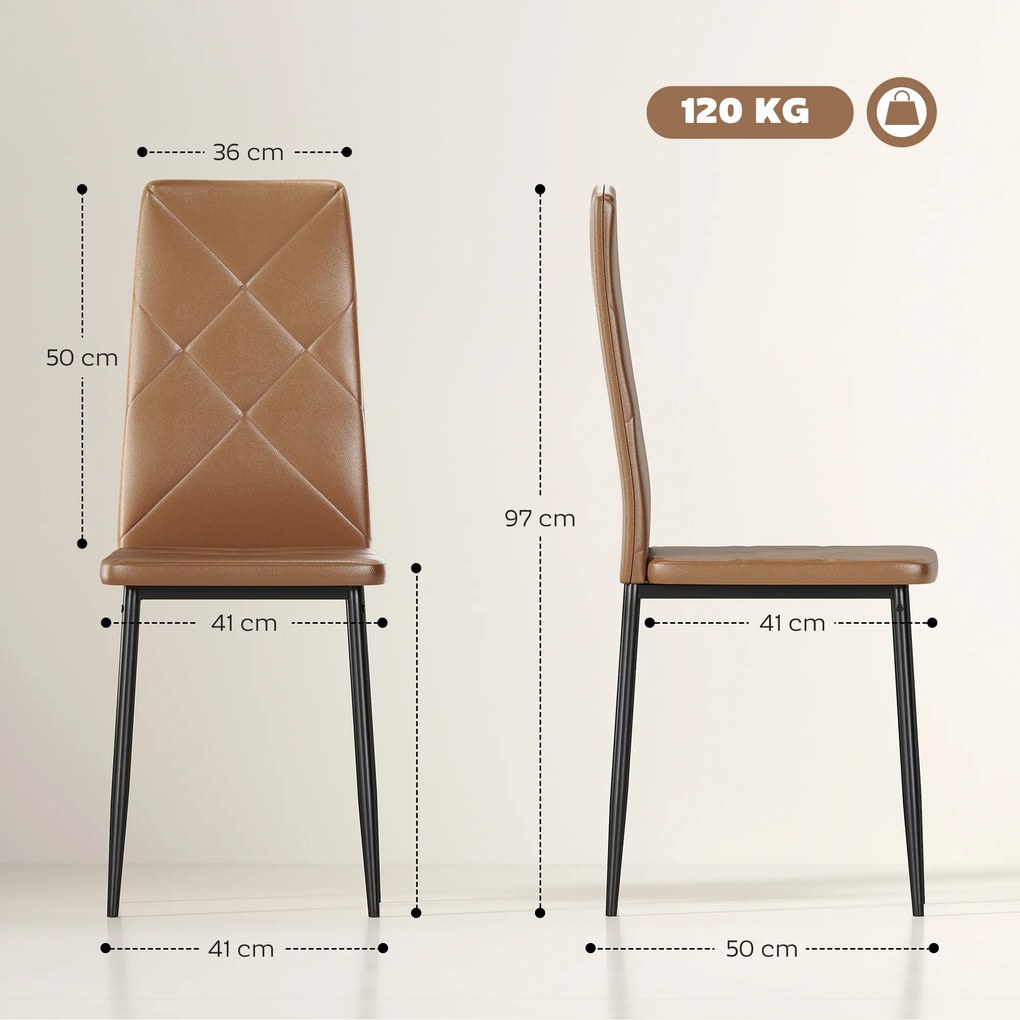 HOMCOM Set de 6 Scaune de Dining Moderne cu Spătar Înalt, din Piele Ecologică și Oțel, 41x50x97 cm, Maro | Aosom Romania
