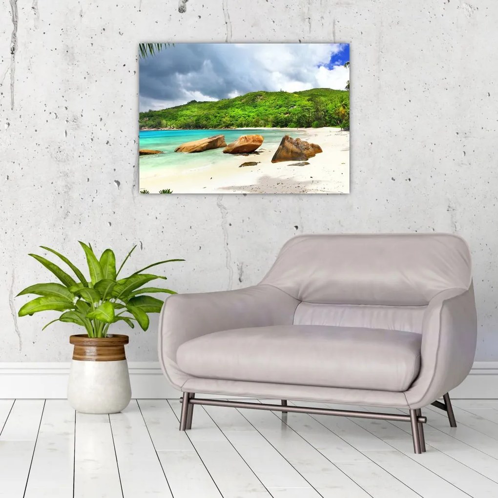 Tablou pe sticlă - Seychelles, plaja Takamaka (70x50 cm)