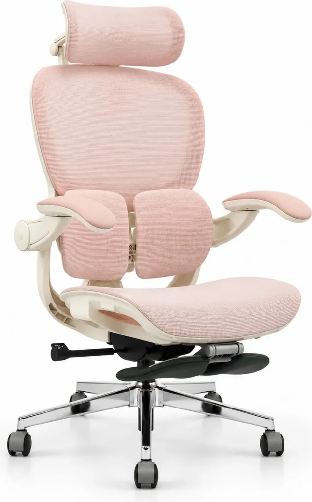 Scaun ergonomic MORATTI D5, Suport lombar dual 360°, Tetieră 4D, Șezut Zero-Pressure Frameless Mesh, Cotiere Flip-Back 4 poziții, Reclinare 135°, Suport picioare, Roz