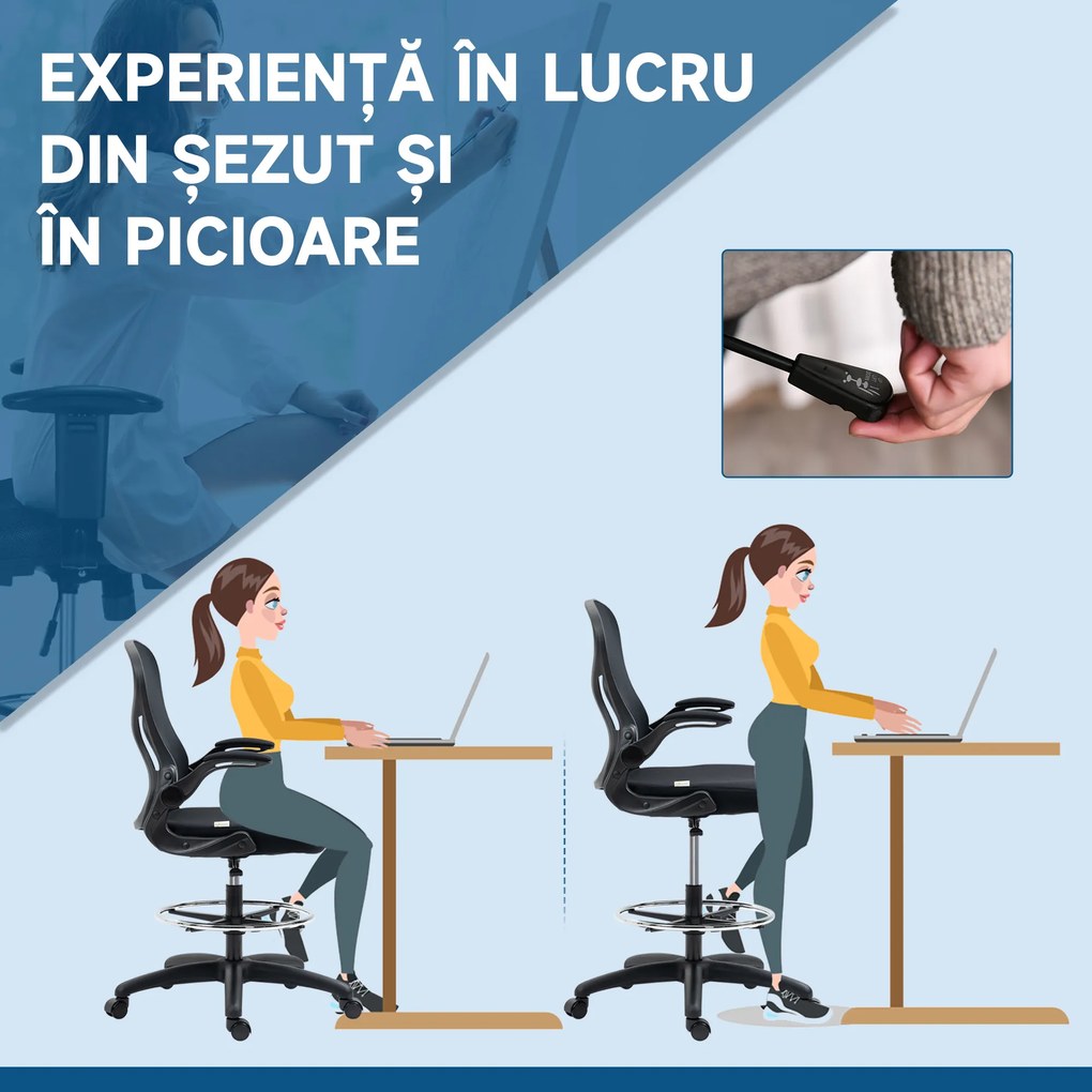 Vinsetto Scaun de Birou Ergonomic, Scaun Rotativ din Plasă, Reglabil pe Înălțime cu Suport pentru Picioare și Cotiere Rabatabile, Capacitate 120kg, Negru | Aosom Romania