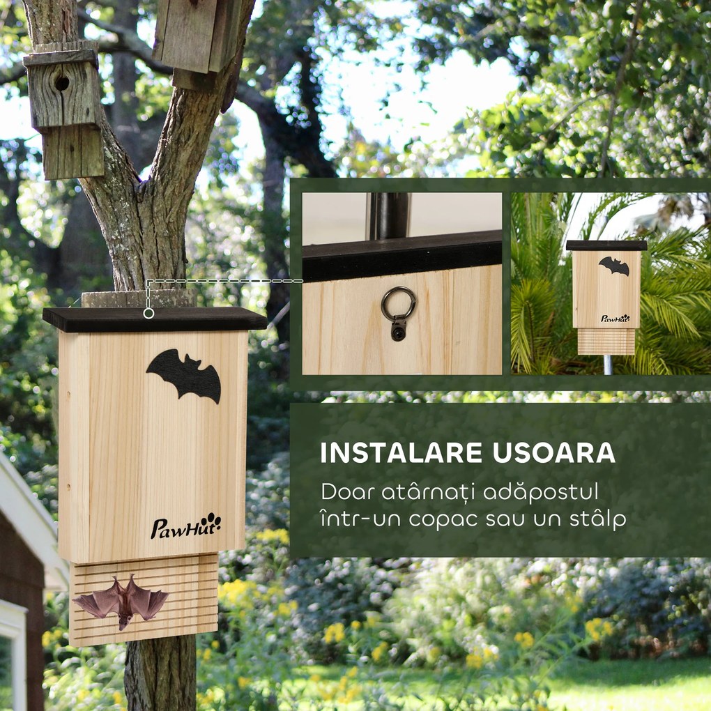 PawHut Set de 3 Adăposturi pentru Liliac din Lemn de Brad pentru Exterior, 25x6x37.5 cm, Lemn Natural | Aosom Romania