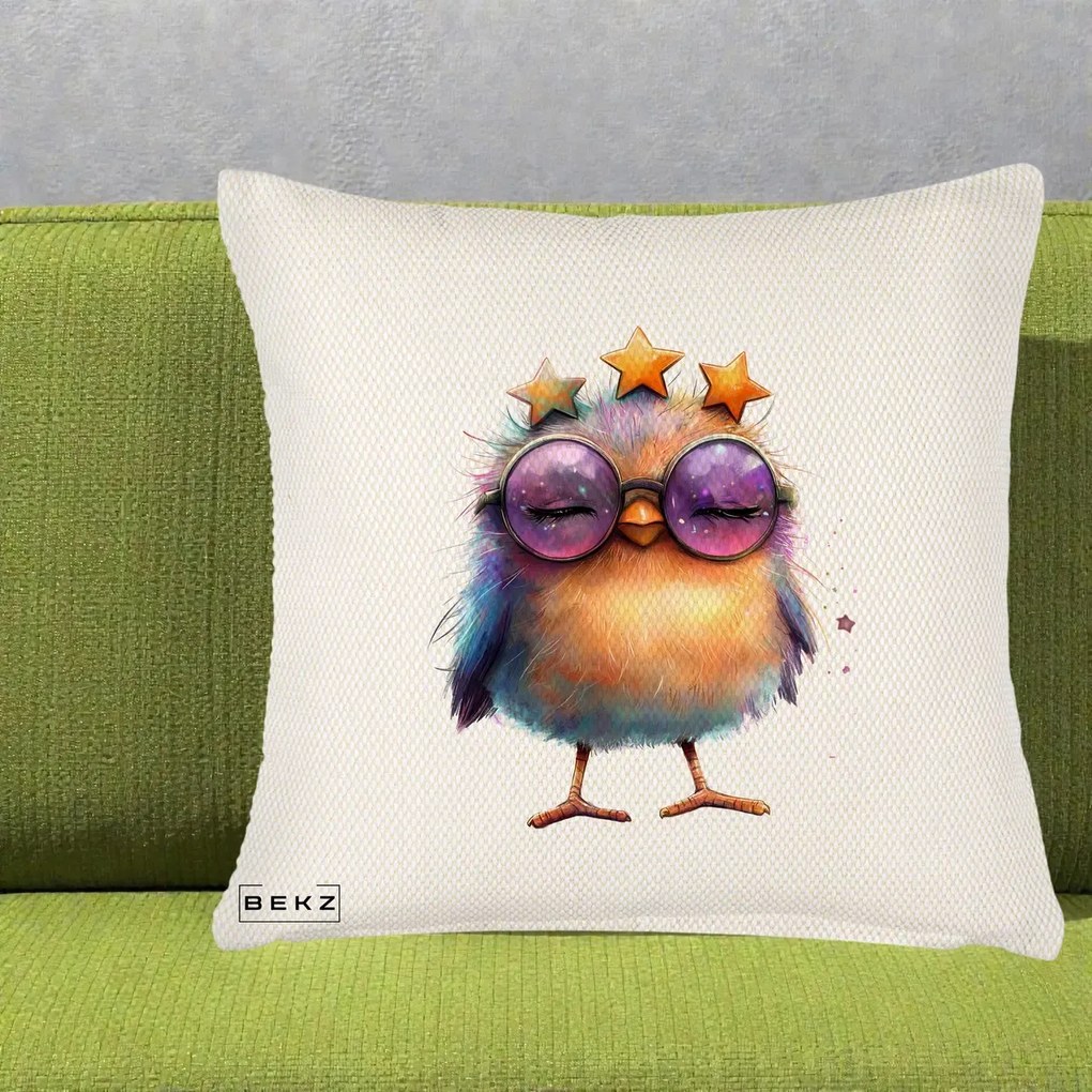 Perna Decorativa Pui Pop Star cu Ochelari Stele Violet, 40x40 cm, Crem Reliefat, Husa Detasabila, Perna Inclusa, BEKZ®