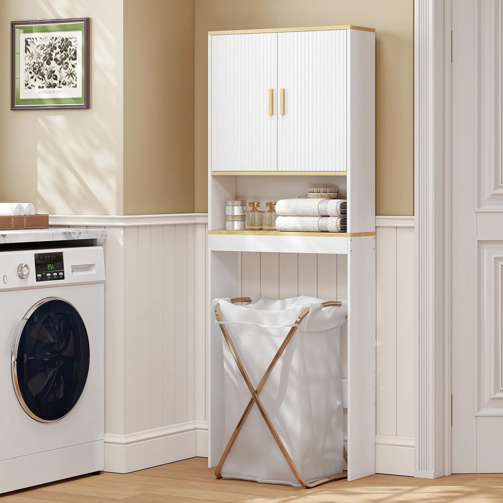 HOMCOM Etajeră pentru Baie deasupra WC-ului de 3 Niveluri cu Raft Deschis 2 Uși și Raft Reglabil 64x20x170,5 cm Alb | Aosom Romania