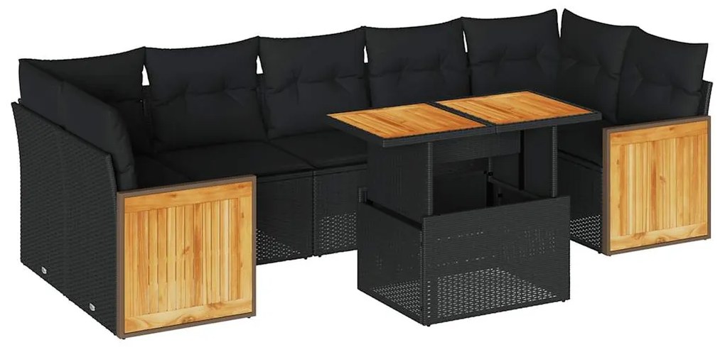 3327681 vidaXL Set mobilier grădină perne 8 piese negru, poliratan/lemn acacia