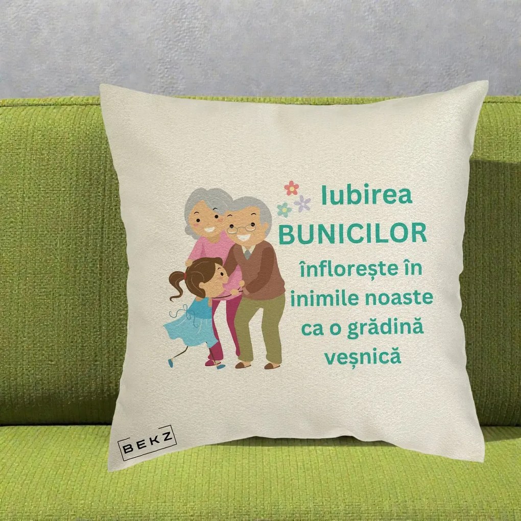 Cadou pentru Bunici - Perna Personalizata Bunicii Iubirea Infloreste cu Nepoata Teal, 40x40 cm, Ecru, Husa Detasabila, Perna Inclusa, BEKZ®