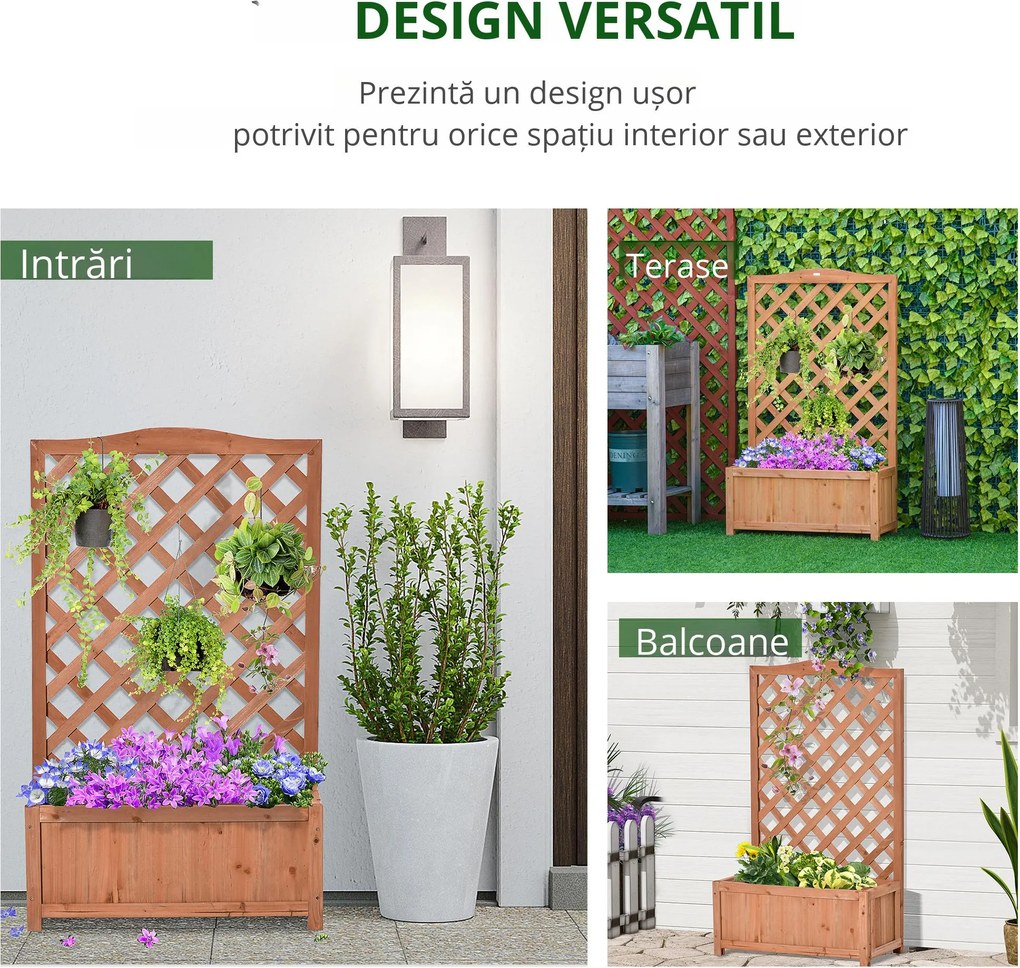Outsunny Jardinieră cu spalier, bac de flori ridicat, pentru plante cățărătoare, legume, flori, din lemn masiv, interior și exterior, curte, grădină, balcon, 70 x 28 x 117 cm, maro | Aosom Romania