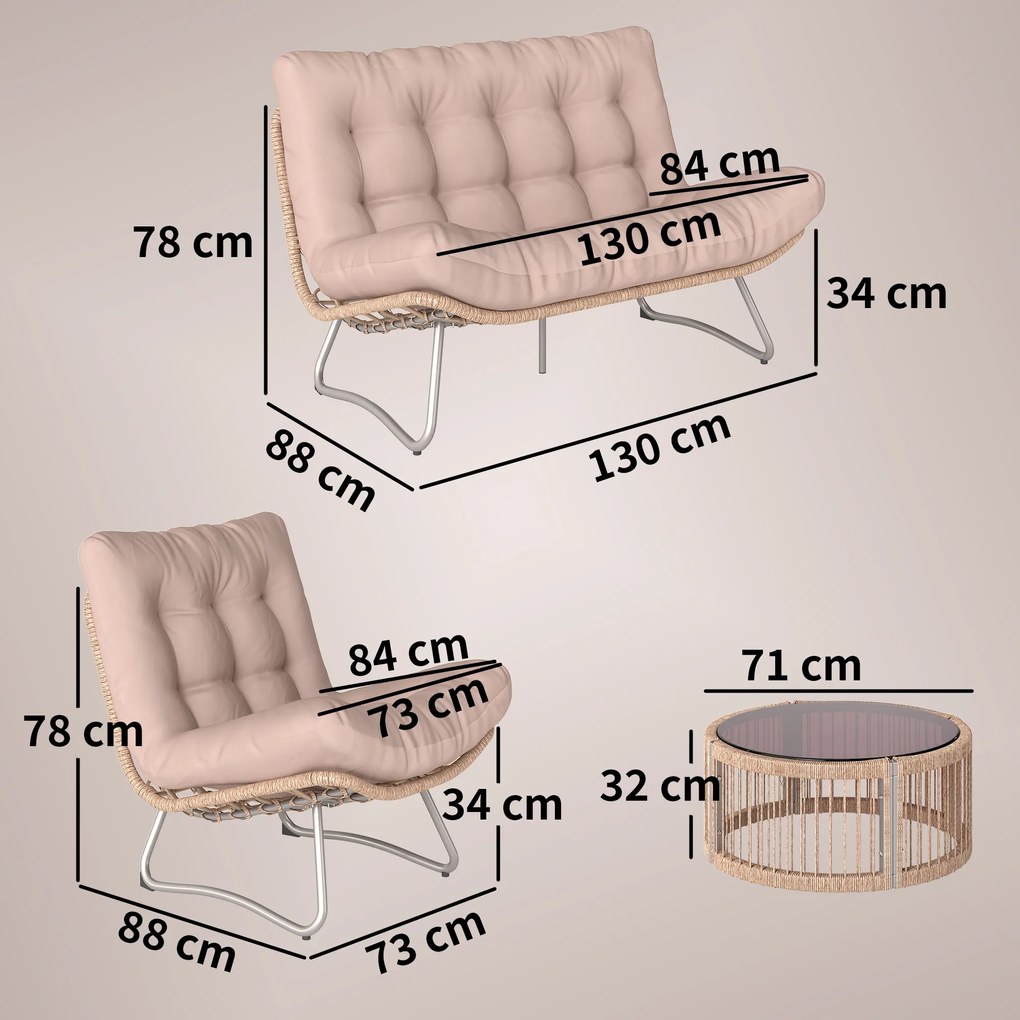 Outsunny Set mobilier grădină 4 piese Polyrattan Lounge cu canapea 2 locuri 2 fotolii masă cu sticlă șezut lat și adânc perne groase | Aosom Romania