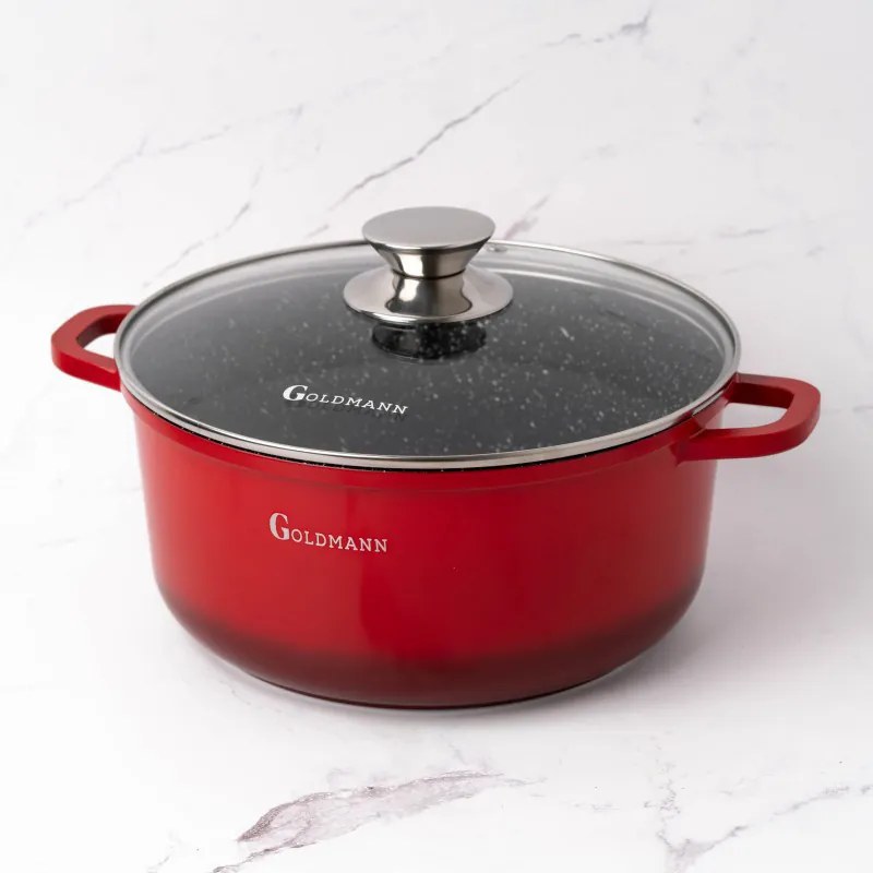 Cratita Goldmann GM-7328R, 6,5 l, 28 cm, Acoperire neaderenta din marmura, Capac sticla, Inductie, Rosu
