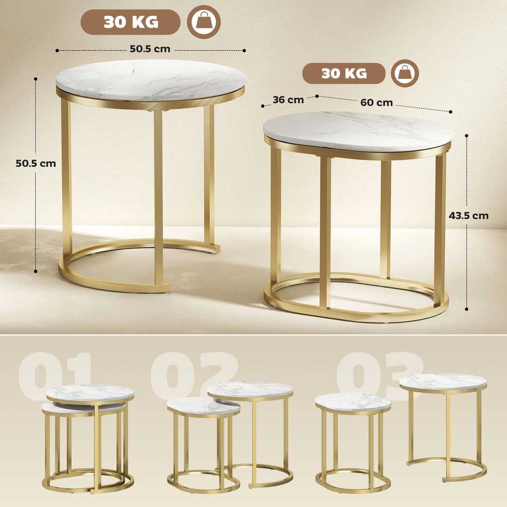 HOMCOM Set 2 Măsuțe de Cafea cu Blat cu Efect de Marmură din MDF și Oțel, Ø50x50.5 cm și 60x36x43.5 cm, Alb și Auriu | Aosom Romania