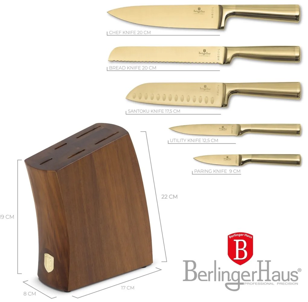 Set cutite 6 piese Leonardo Berlinger Haus BH 3125, auriu, suport lemn