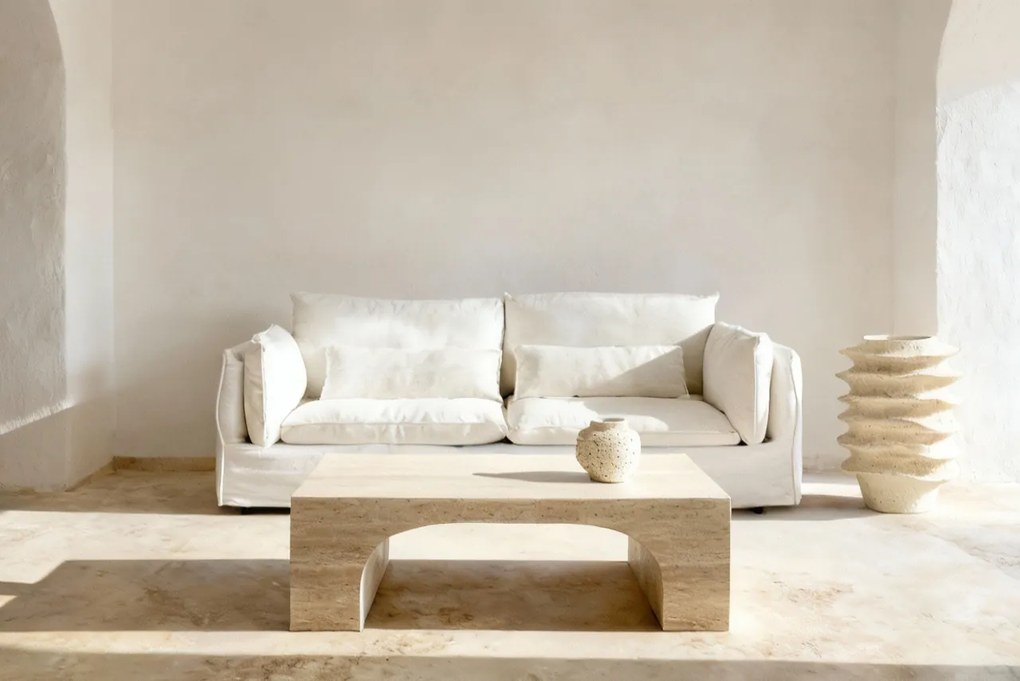 Canapea 3 locuri din bumbac natur, cu husă detașabilă și perne din pene, aspect rustic, 90 x 230 x 98 cm, „Sète”