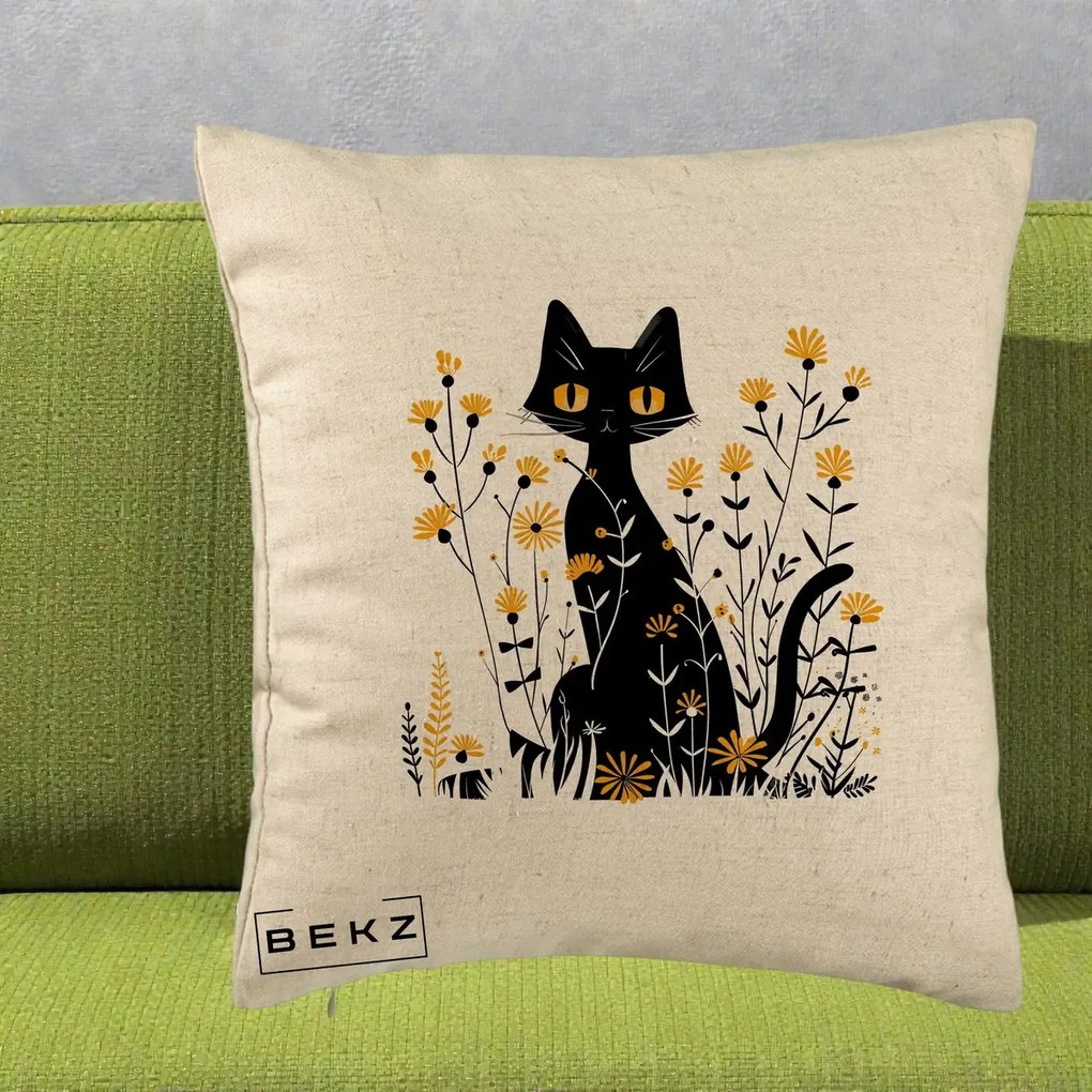 Perna Decorativa Pisica Neagra Ochi Galbeni Flori Galbene, 40x40 cm, Bej, Husa Detasabila, Perna Inclusa, BEKZ®