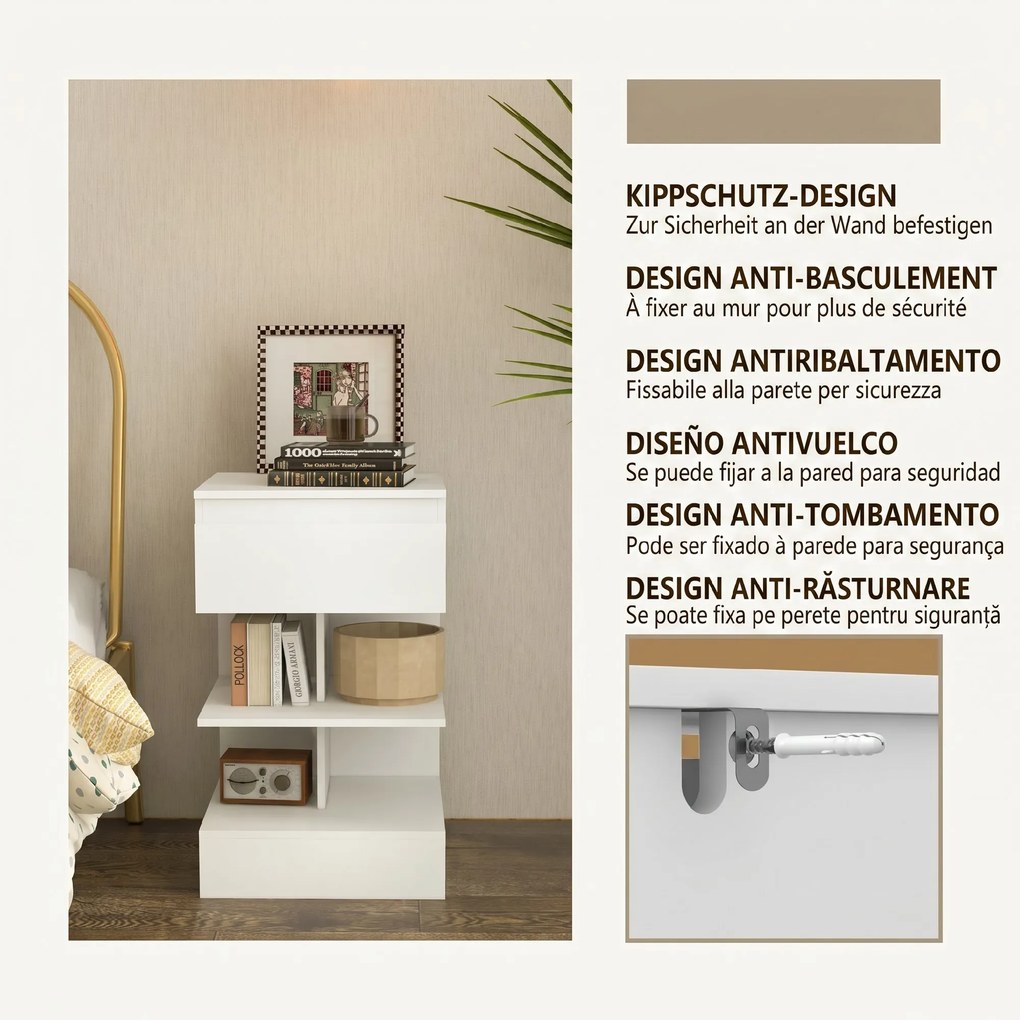 Noptiera Moderna din PAL si MDF cu un Sertar si 2 Rafturi, 39x39x65 cm, Alb HOMCOM | Aosom RO