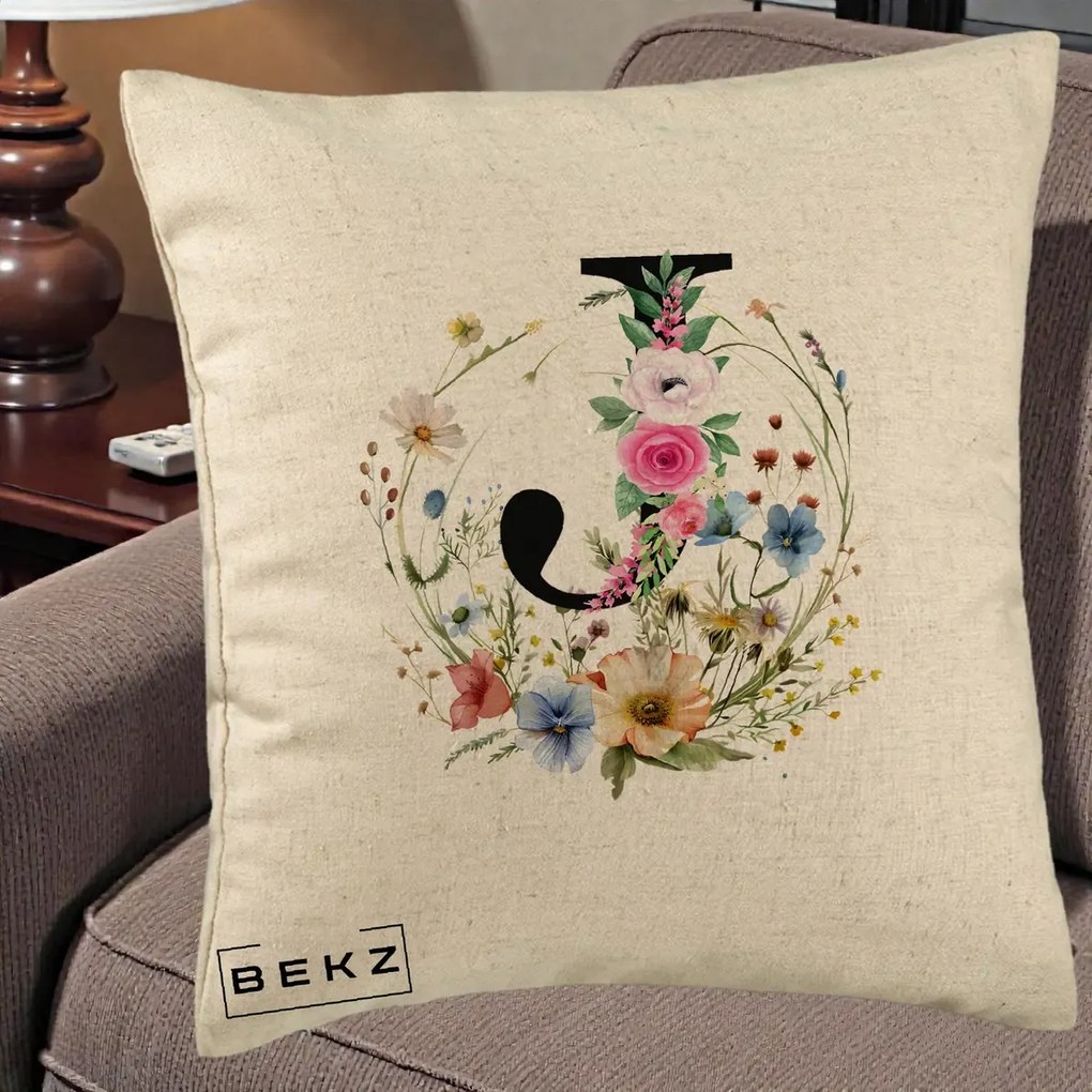 Cadou Personalizat - Perna Personalizata Monogram Litera J cu Flori Acuarela, 40x40 cm, Bej, Husa Detasabila, Perna Inclusa, BEKZ®