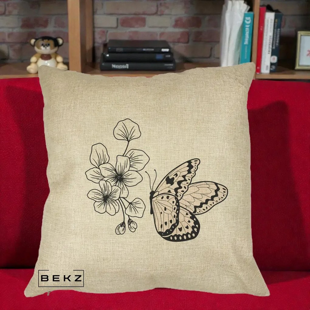 Perna Decorativa Fluture si Flori Linie Monocroma, 40x40 cm, Crem, Husa Detasabila, Perna Inclusa, BEKZ®