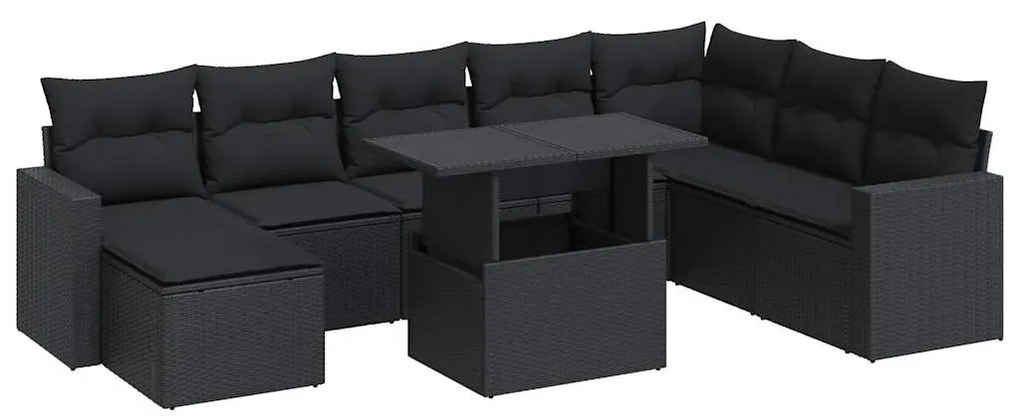 3326366 vidaXL Set mobilier de grădină cu perne, 9 piese, negru, poliratan