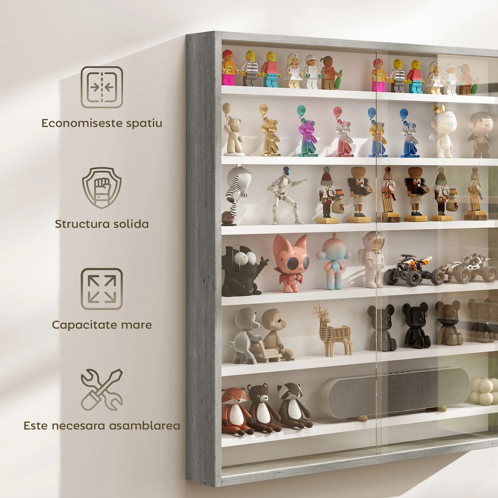 HOMCOM Dulap Tip Vitrină de Expoziție cu Rafturi Reglabile, Montată pe Perete, Negru | Aosom Romania