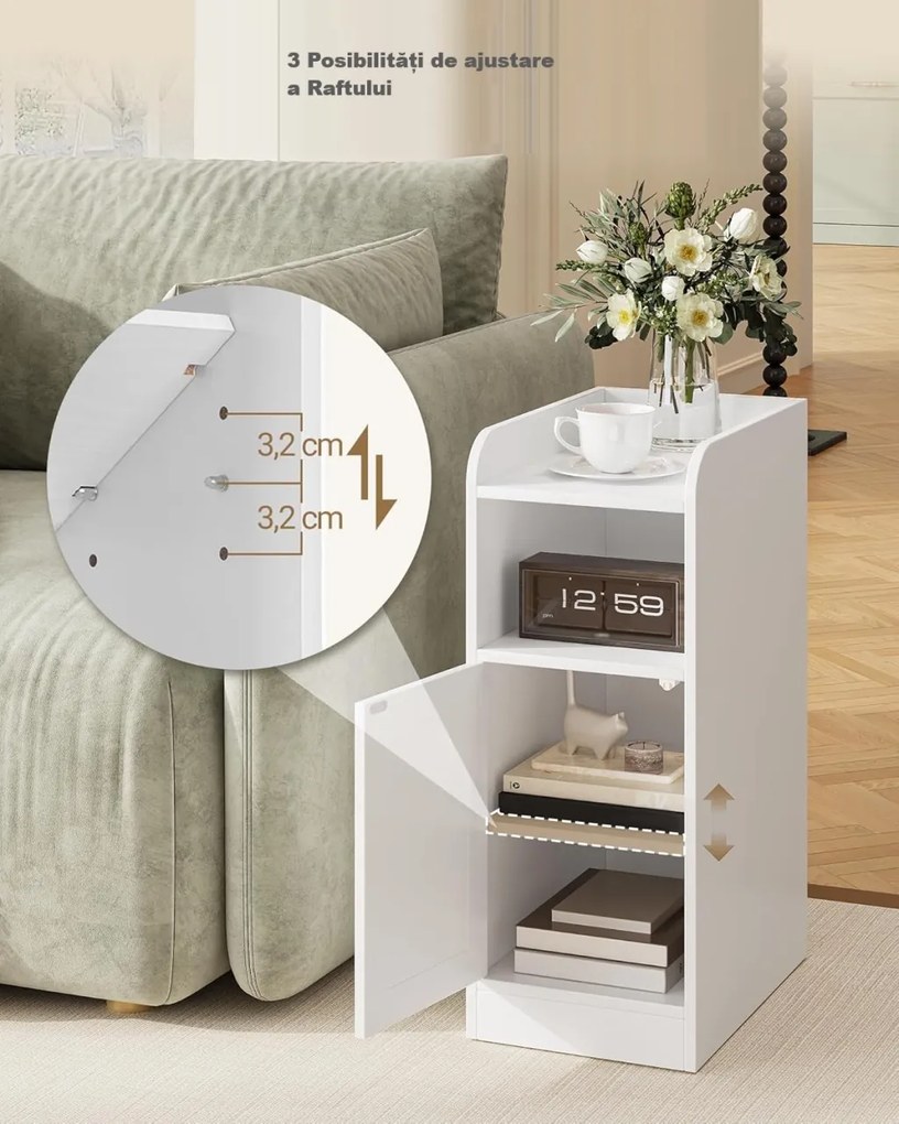 NOA78 - Set 2 Noptiere, 24 cm, foarte inguste, cu Raft si Dulapior - Alb