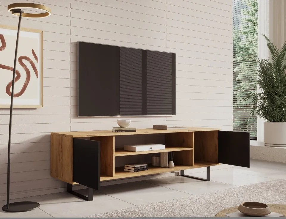 Comodă TV TV Lofter Herringbone cm – 155x40x49 cm – Oak Craft / Negru