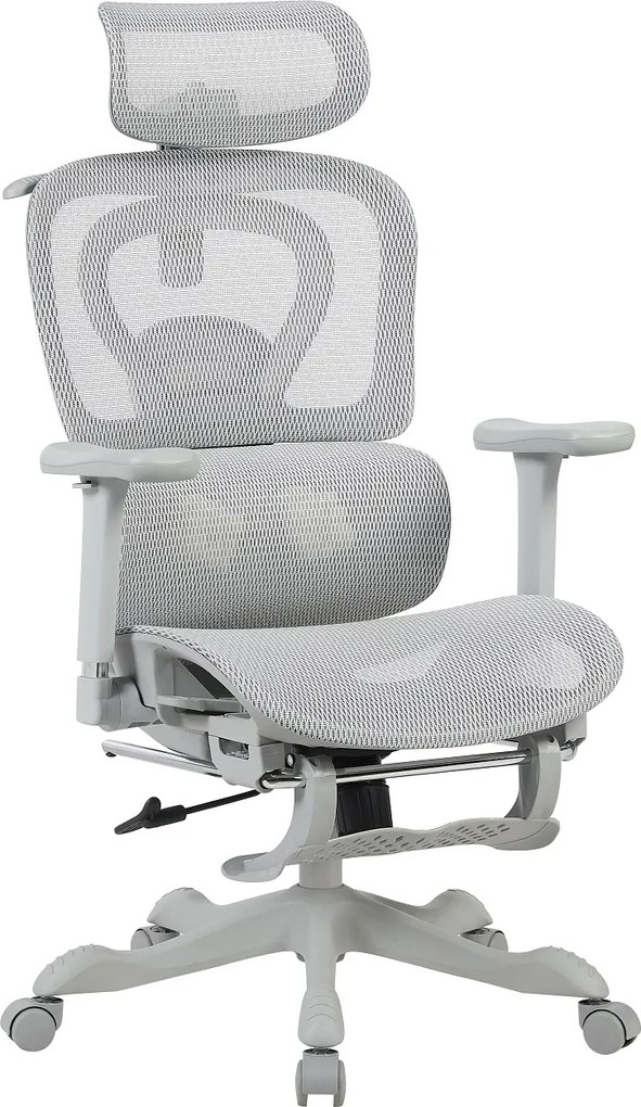 AERION-HM – Scaun ergonomic cu Masaj și Încălzire Lombară, Tetieră 3D, Cotiere 4D, Șezut Glisant, Spătar Reglabil și Suport Picioare, Full Mesh, Gri
