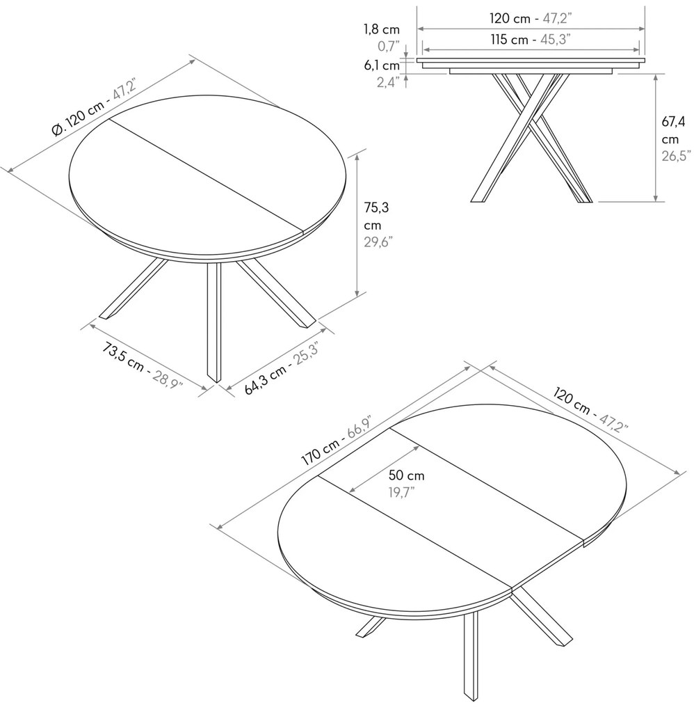 Masa rotunda extensibila Lila, blat Alb Marmorat Ø 120 cm