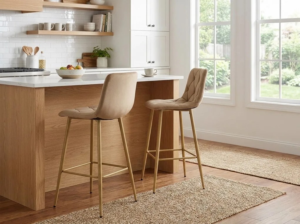 Scaun de bar maro NADO VELVET cu picioare in decor de stejar