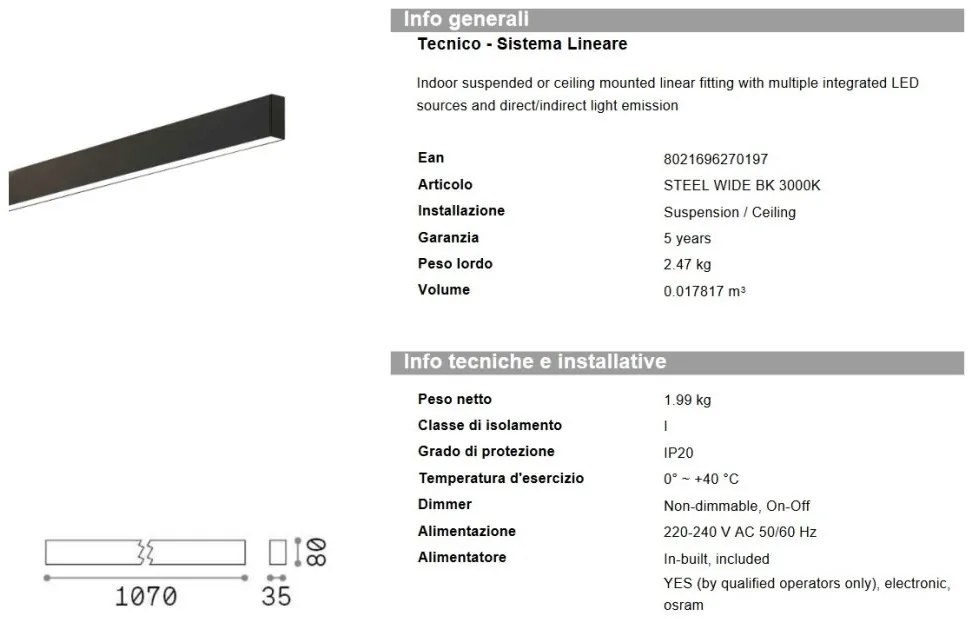 Lustra liniara cu lumina directa si indirecta STEEL WIDE Black 3000K