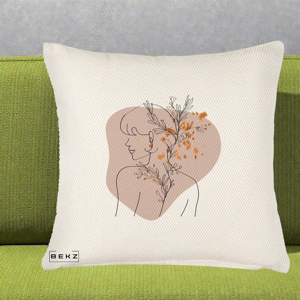 Perna Decorativa Femeie cu Flori Line Art Boho, 40x40 cm, Crem Reliefat, Husa Detasabila, Perna Inclusa, BEKZ®