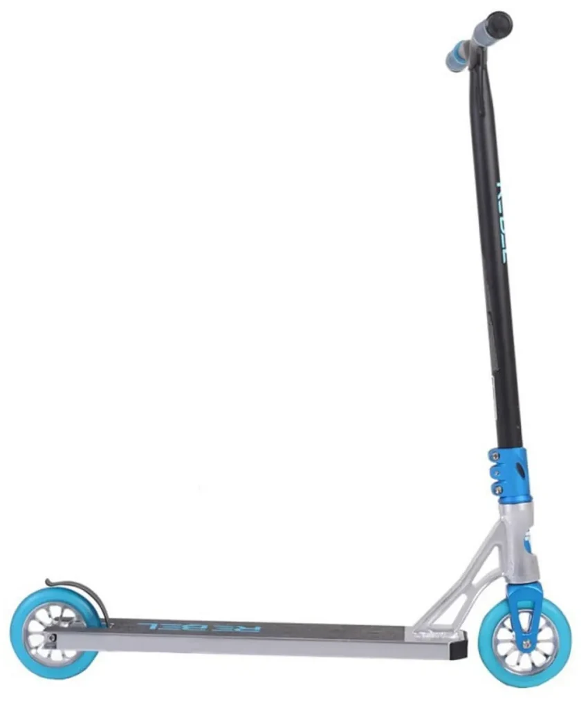 Trotineta Freestyle NOVOKIDS™ Rebel Stunter PRO, Maner 67 cm latime, Max 100 kg, Frana picior, Cadru si roti aluminiu, Diametru roata 120 mm, Albastru