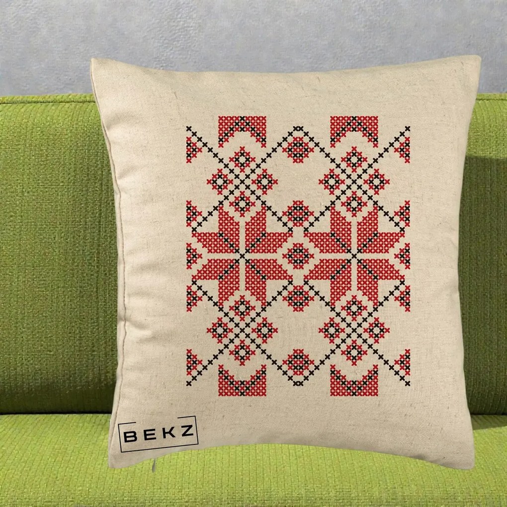 Perna Personalizata Motiv Traditional Cusatura Rosu-Negru, 40x40 cm, Bej, Husa Detasabila, Perna Inclusa, BEKZ®