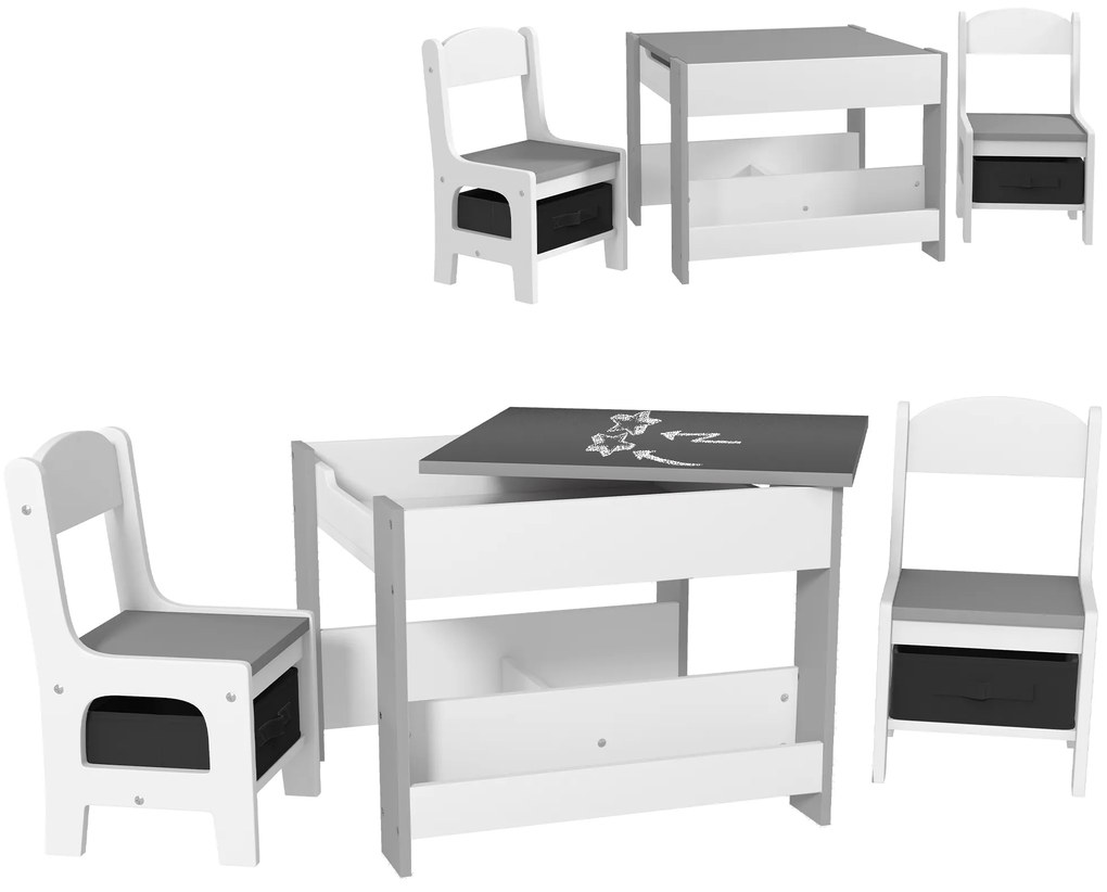 HOMCOM Set de Masă și Scaun pentru Copii, Set de Birou și Scaun pentru Copii 2-în-1 cu Tablă și Rafturi pentru Cărți, 61.5x61.5x48 cm, Gri | Aosom Romania
