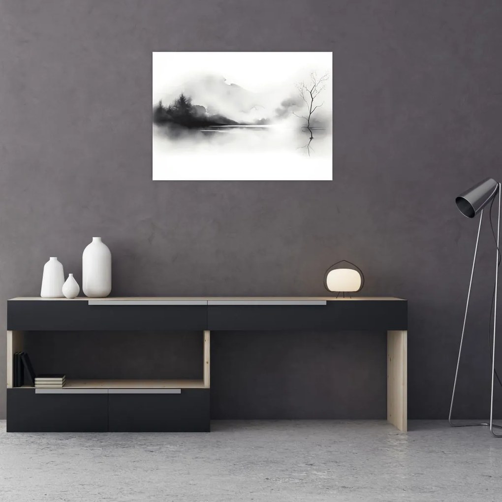 Tablou pe sticlă - pictură cu cerneală de peisaj (70x50 cm)
