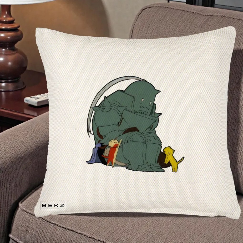 Perna Personalizata Fullmetal Alchemist Alphonse cu Pisici, 40x40 cm, Crem Reliefat, Husa Detasabila, Perna Inclusa, BEKZ®