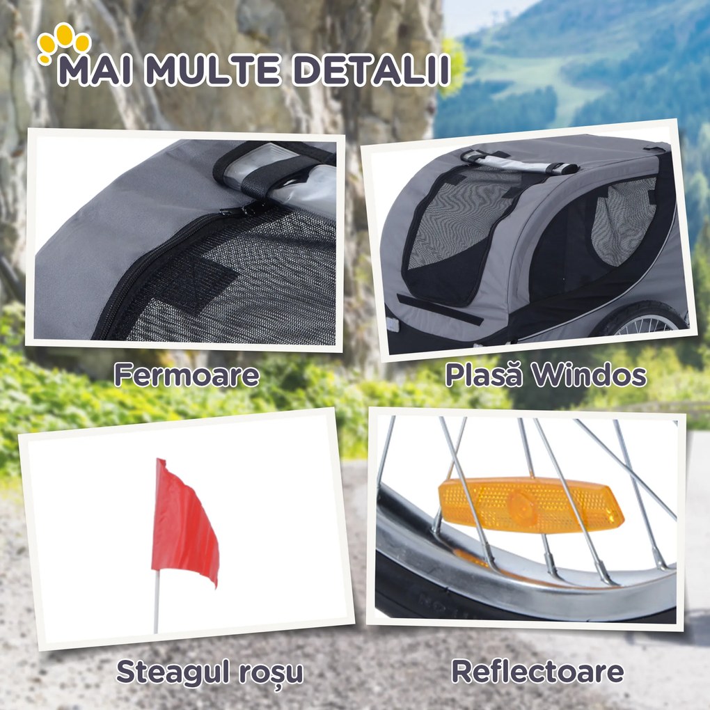 PawHut Remorcă Bicicletă pentru Câini Talie Medie cu Ferestre Laterale și Steag, 130x73x90 cm, Gri și Negru | Aosom Romania