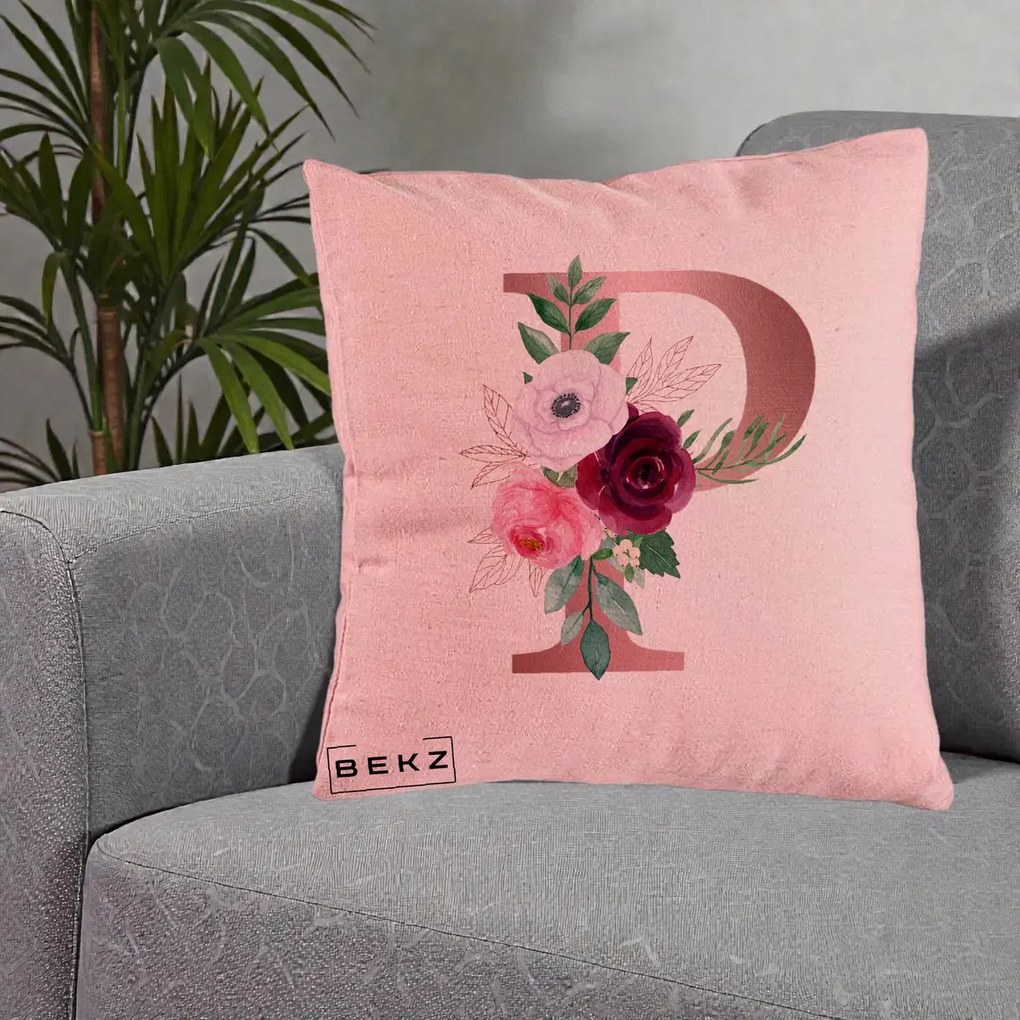 Cadou Personalizat - Perna Personalizata Monograma Rose Gold Litera P, 40x40 cm, Roz, Husa Detasabila, Perna Inclusa, BEKZ®
