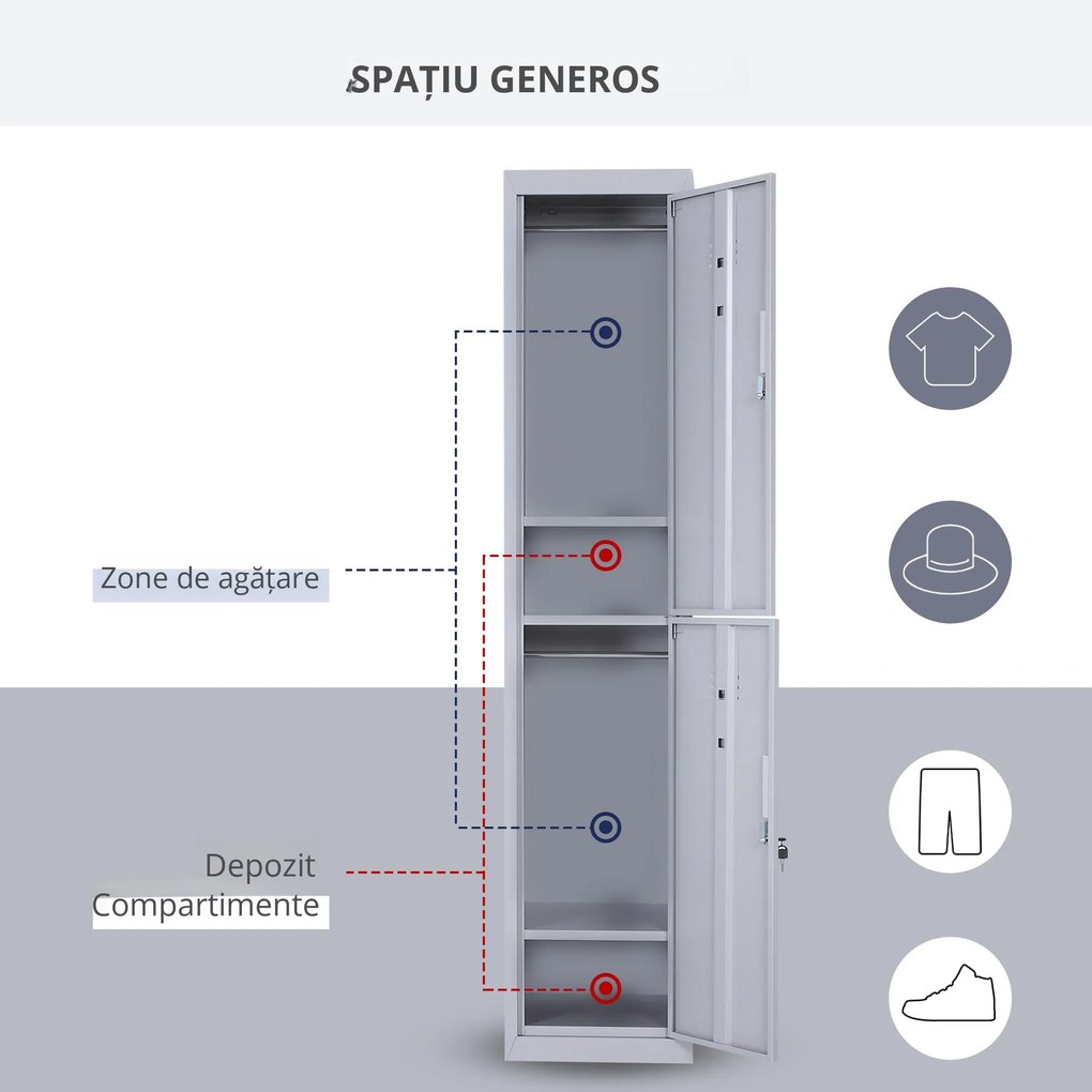 Dulapior Haine din Otel 4 Rafturi 2 Usi cu Inchidere de Siguranta, Gri, 38x46x180cm Vinsetto | Aosom Romania