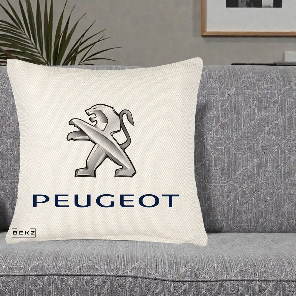 Perna Personalizata cu emblema Peugeot, 40x40 cm, Crem Reliefat, Husa Detasabila, Perna Inclusa, BEKZ®