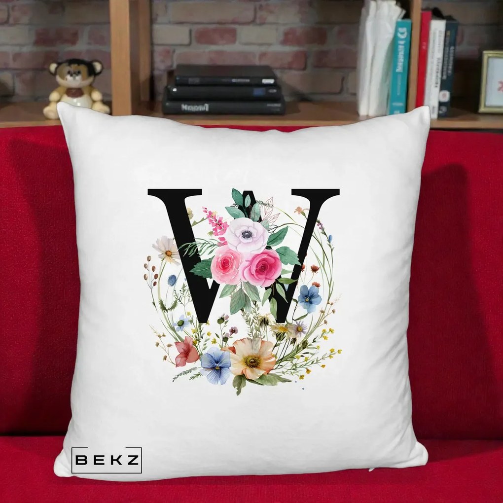 Cadou Personalizat - Perna Personalizata Monograma Florala Litera W, 40x40 cm, Alb Pufos, Husa Detasabila, Perna Inclusa, BEKZ®