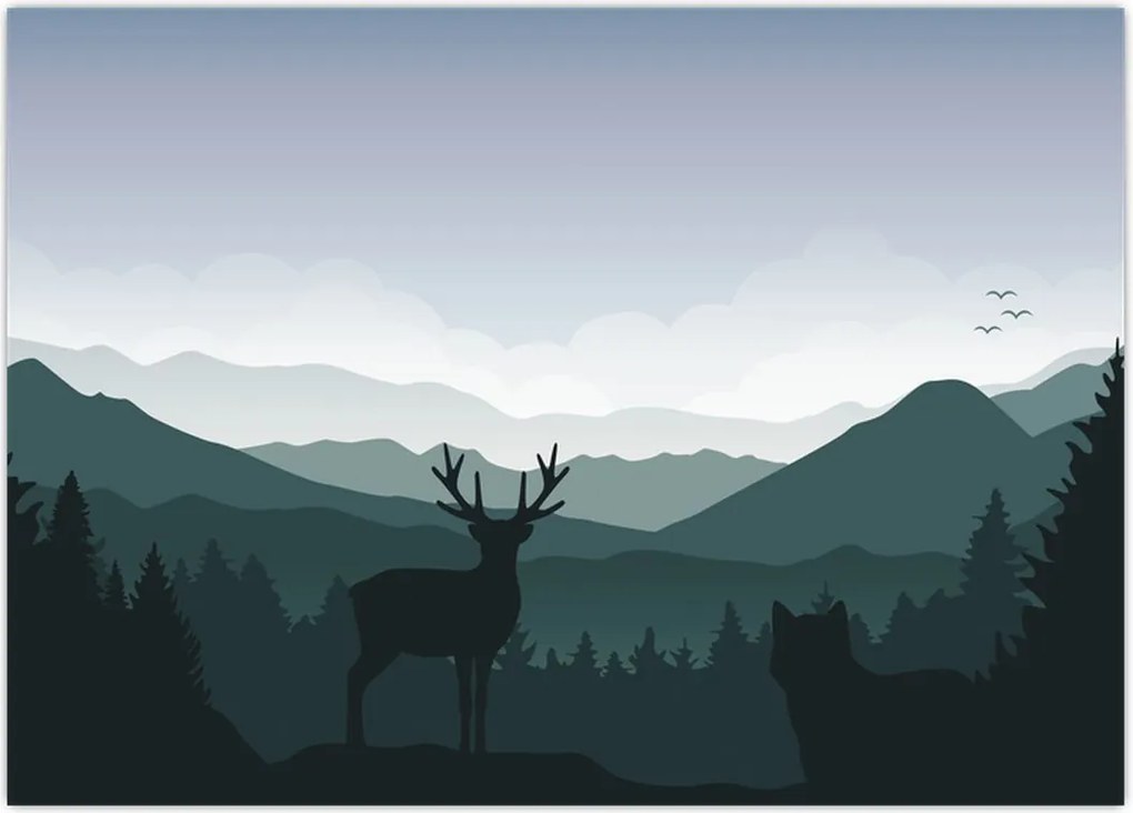 Tablou - Cerb cu lup pe stânci (70x50 cm)