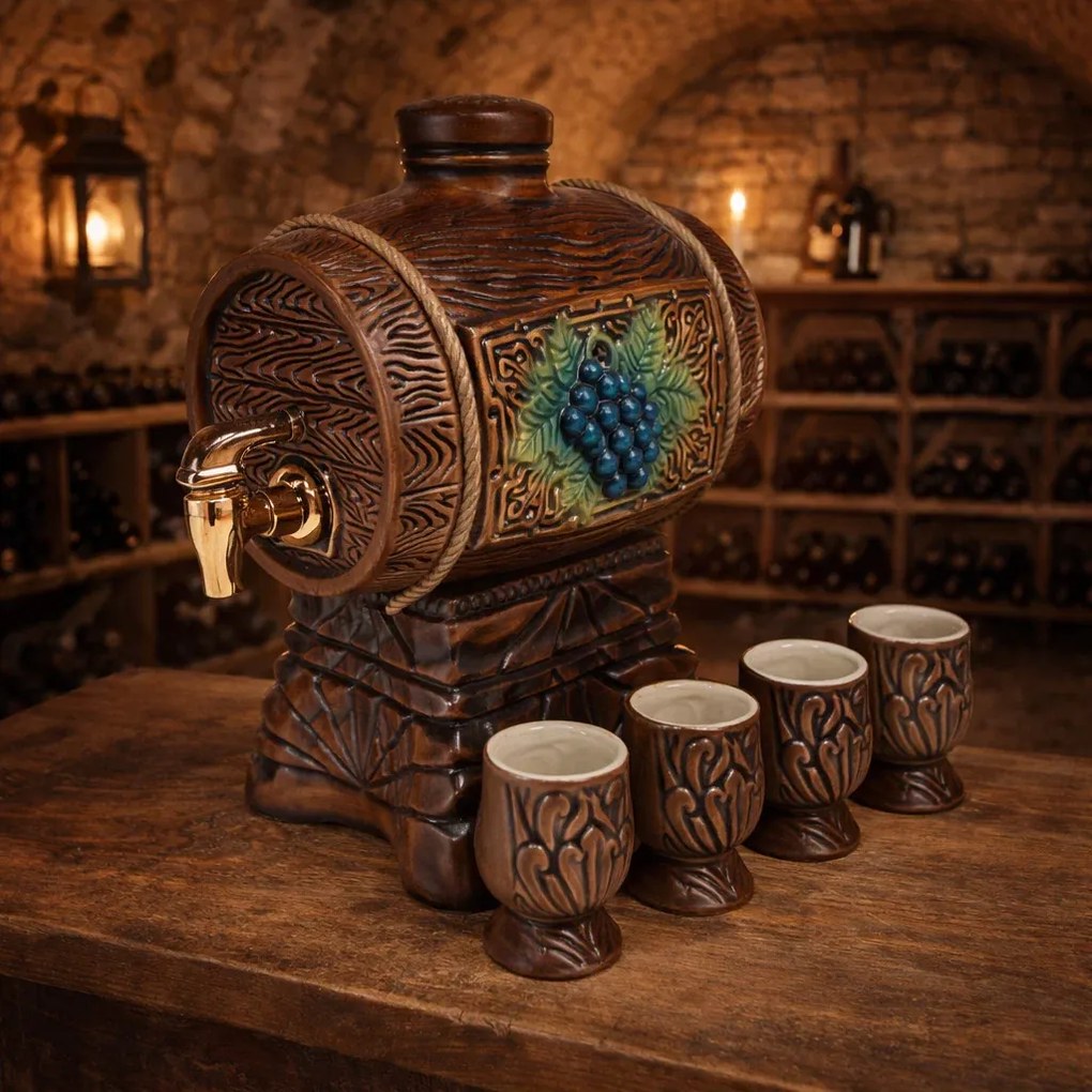 Set butoi de 3,5 litri cu 4 pahare de 100 ml din ceramica