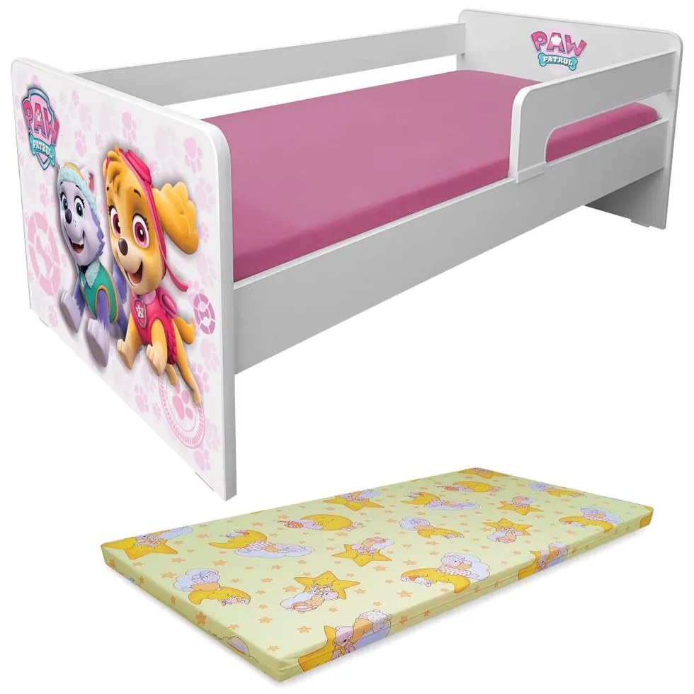 Pat copii Paw Patrol Pink P1L 2-6 ani cu paravane detasabile/interschimbabile + saltea Basic + Lampa veghe