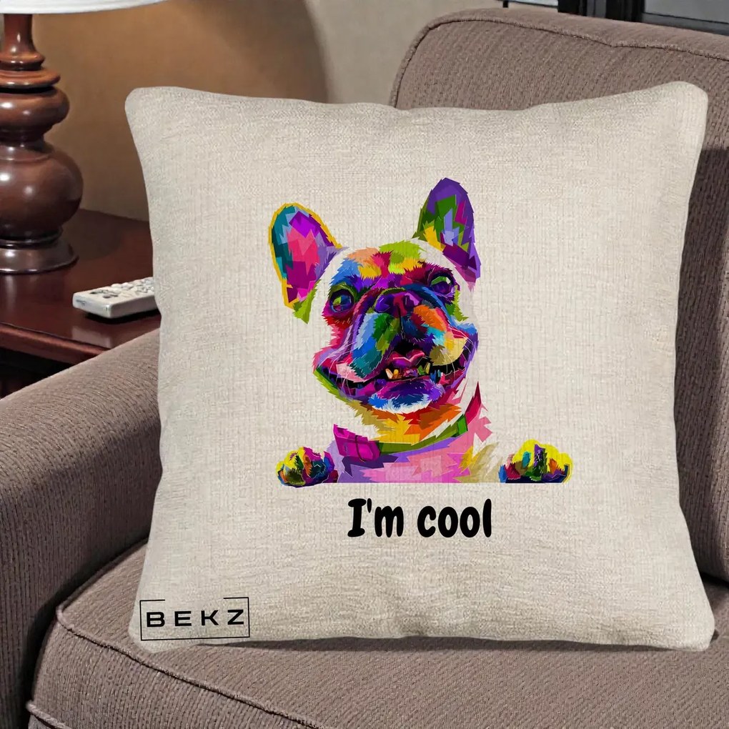 Perna Personalizata Bulldog Francez I'm Cool, 40x40 cm, Bej Canapea, Husa Detasabila, Perna Inclusa, BEKZ®